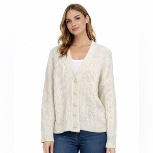 Ivory Cable Knit Cardigan Button Front Cozy Neutral Sweater M